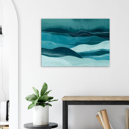Landscape canvas with horizontal abstract layers of turquoise, aqua, and soft seafoam green forming water-inspired textures.