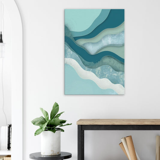 Portrait canvas with vertical abstract layers of aqua, teal, and pale blue forming water-inspired textures.