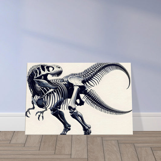 Illustration of a Tyrannosaurus Rex skeleton featuring two trailing tails, with a focus on its massive skull and strong hind limbs.