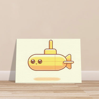 Yellow cartoon-style submarine with large eyes on a light yellow to white gradient background.
