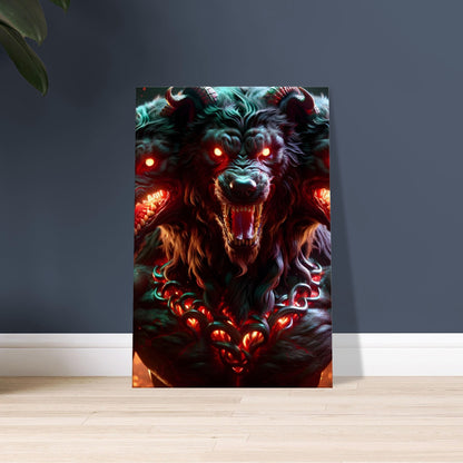 Artwork of a three-headed Cerberus with glowing red eyes and dark fur streaked with red and green, set in a fiery underworld scene.