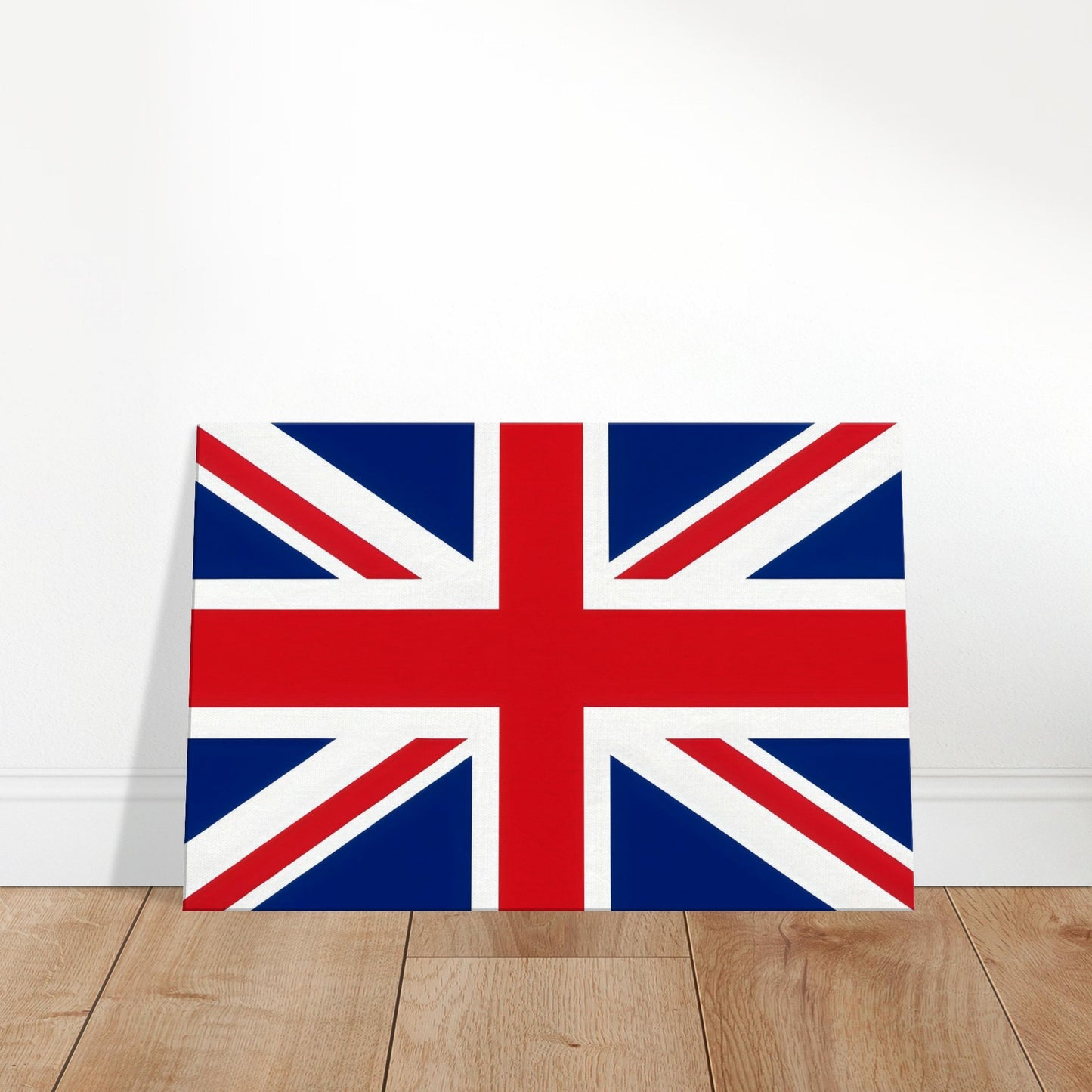 Luxury canvas print of the Union Jack flag featuring red, white, and blue crosses in perfect symmetry, landscape orientation.
