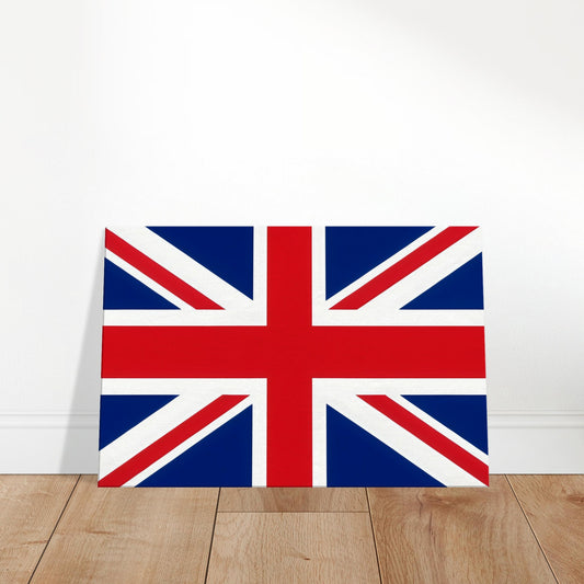 Luxury canvas print of the Union Jack flag featuring red, white, and blue crosses in perfect symmetry, landscape orientation.