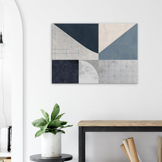 Landscape canvas with horizontal abstract layers of slate, steel, and soft white forming cityscape-inspired textures.