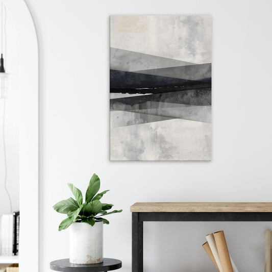 Portrait canvas with horizontal abstract layers of slate grey, steel, and soft white forming cityscape-inspired textures.