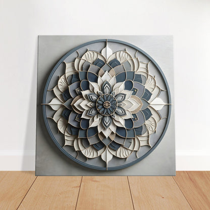 Mandala artwork with detailed symmetry in soft pewter, alabaster, and muted slate, blending traditional form with urban modernity.