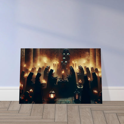 Ancient Egyptian priests in dark robes performing a ritual by torchlight inside a temple with hieroglyph-covered walls and incense smoke.