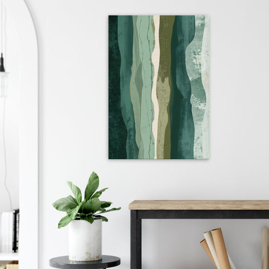 Layered abstract botanical canvas artwork with cascading sage, eucalyptus, and deep green tones.