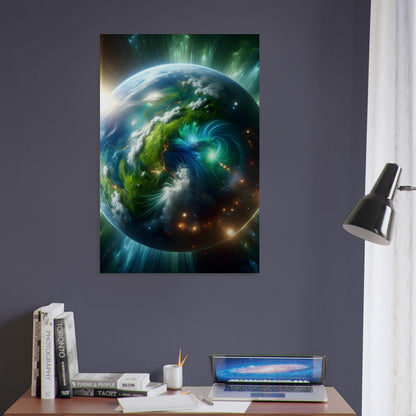 Metal poster of a glowing green and blue planet with lush landscapes, set in a vibrant nebula-filled cosmic background.