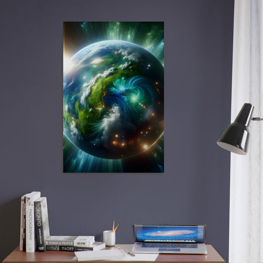 Metal poster of a glowing green and blue planet with lush landscapes, set in a vibrant nebula-filled cosmic background.
