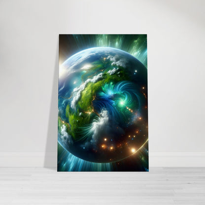 Premium canvas wall art of a glowing green and blue planet surrounded by vibrant nebulas, stars, and cosmic elements – titled "Verdant Cosmic Oasis".