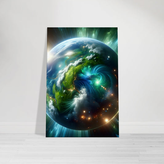 Premium canvas wall art of a glowing green and blue planet surrounded by vibrant nebulas, stars, and cosmic elements – titled "Verdant Cosmic Oasis".