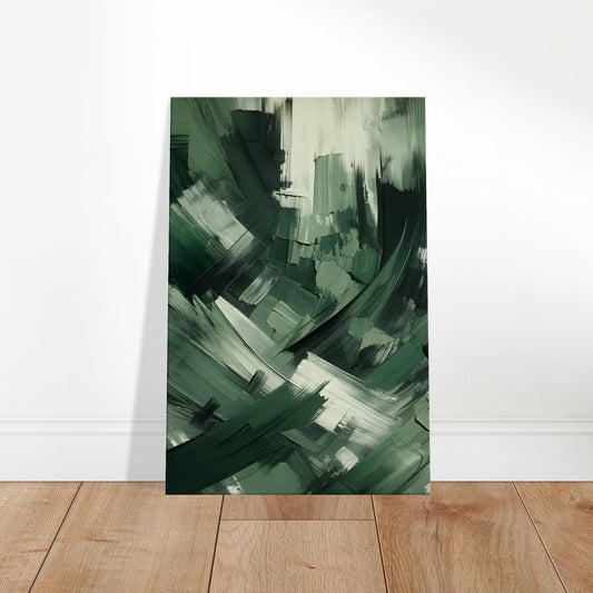 Abstract canvas featuring layered brushstrokes in forest, lime, and emerald green, evoking natural energy and movement.