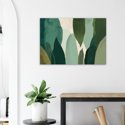 Abstract botanical canvas with layered green strokes and subtle upward leaf shapes.
