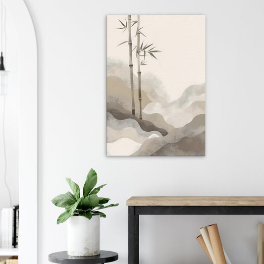 Portrait canvas with vertical bamboo, taupe, cream, and pale grey layers evoking Japandi calm.