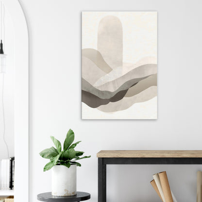 Portrait canvas with vertical muted bamboo, taupe, cream, and warm stone layers evoking Japandi calm.