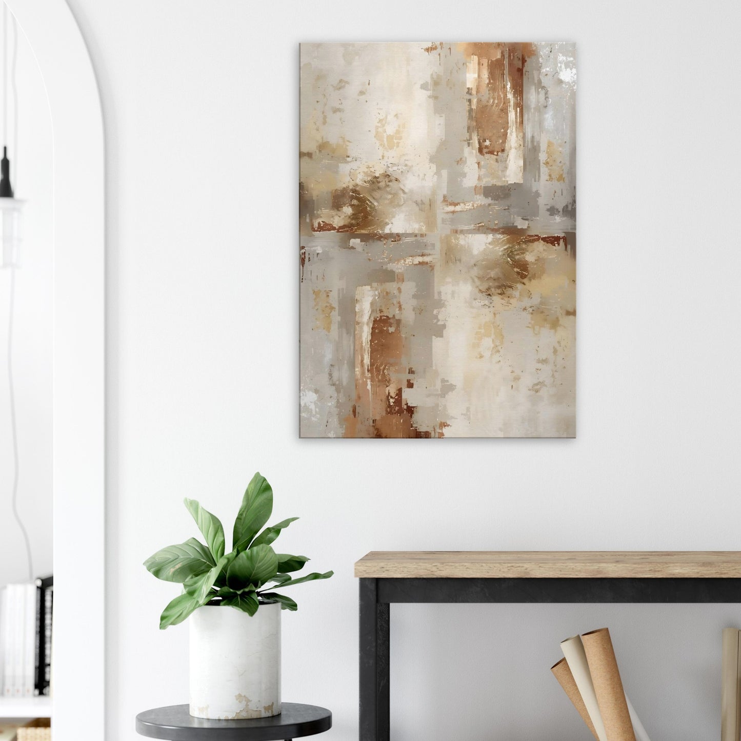 Portrait canvas with vertical muted bronze, cream, and taupe metallic layers forming modern abstract textures.