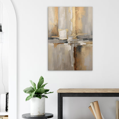 Portrait canvas with vertical copper, caramel, cream, and taupe metallic layers forming modern abstract textures.