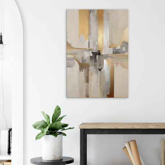 Portrait canvas with vertical muted gold, cream, and taupe metallic layers forming modern abstract textures.