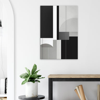 Portrait canvas with vertical graphite, muted grey, and white geometric grids and blocks forming abstract shapes.