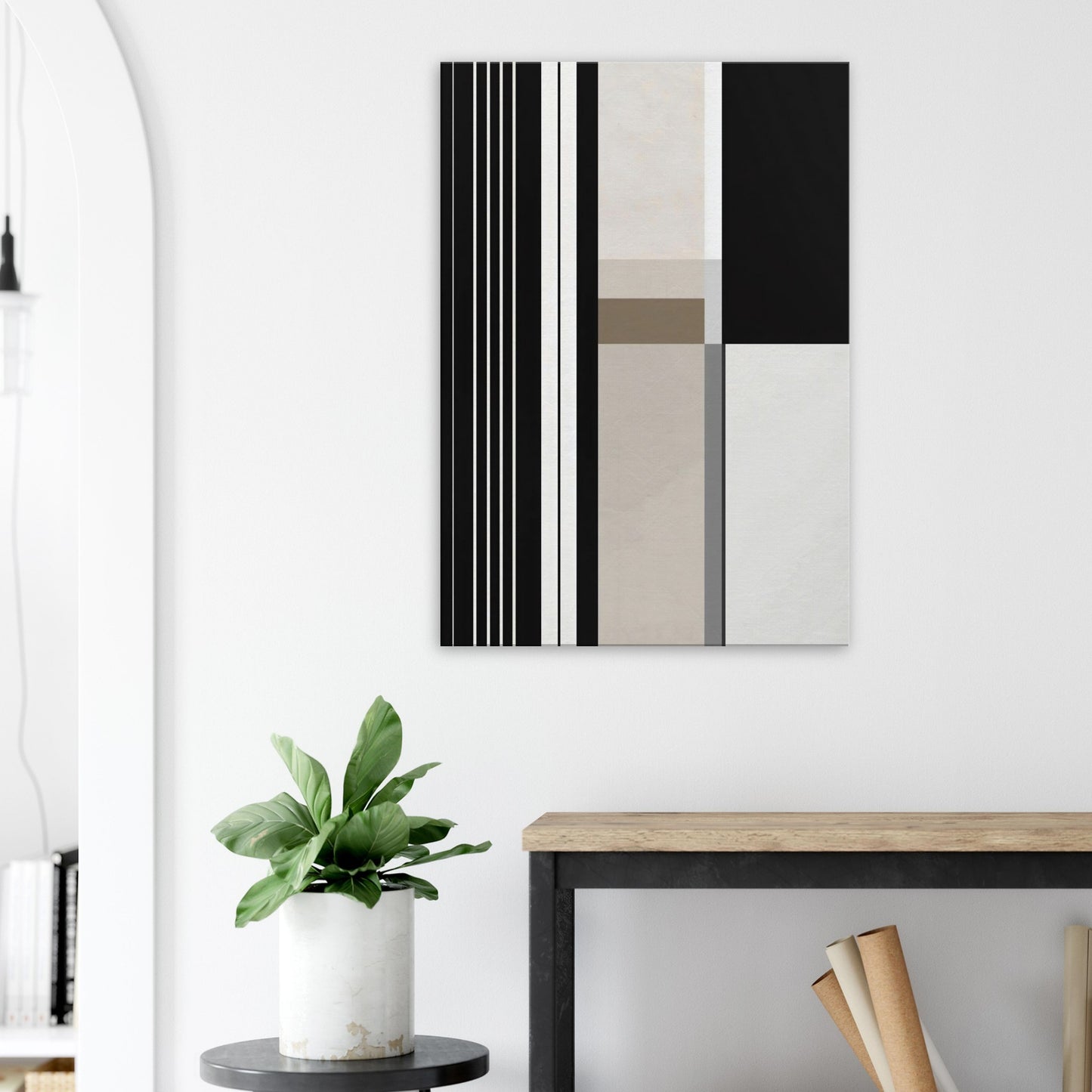 Portrait canvas with vertical black, white, and muted grey blocks forming geometric lines and shapes.