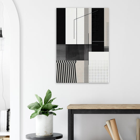 Portrait canvas with vertical black, grey, and white lines, geometric blocks, and subtle grids forming abstract shapes.