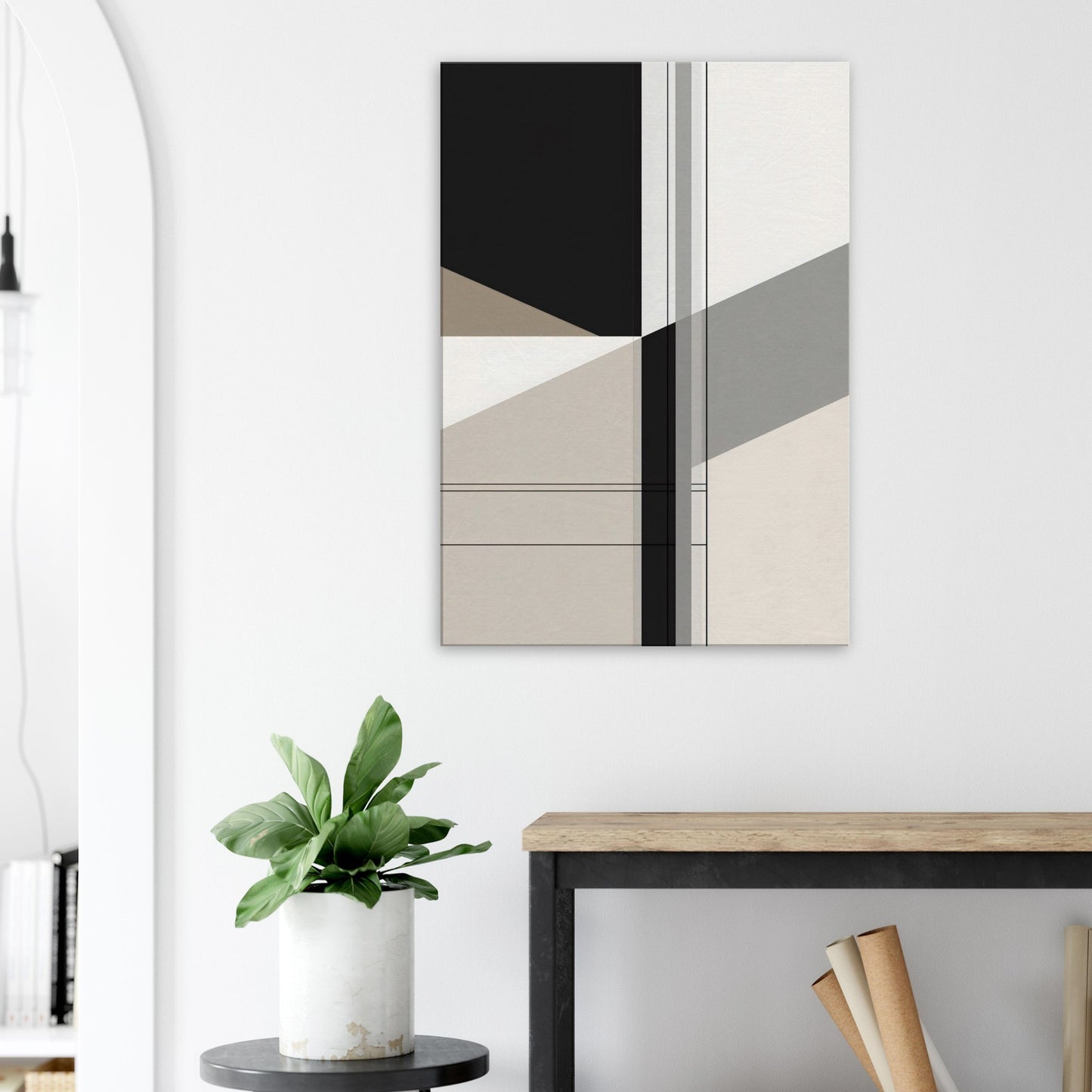 Portrait canvas with vertical black, grey, and white lines and geometric blocks forming abstract shapes.