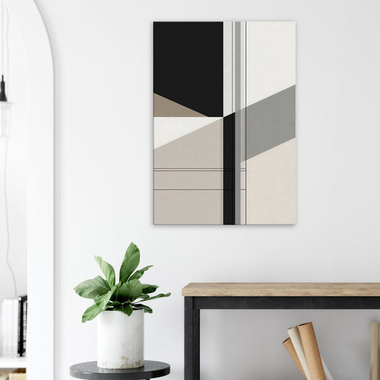 Portrait canvas with vertical black, grey, and white lines and geometric blocks forming abstract shapes.