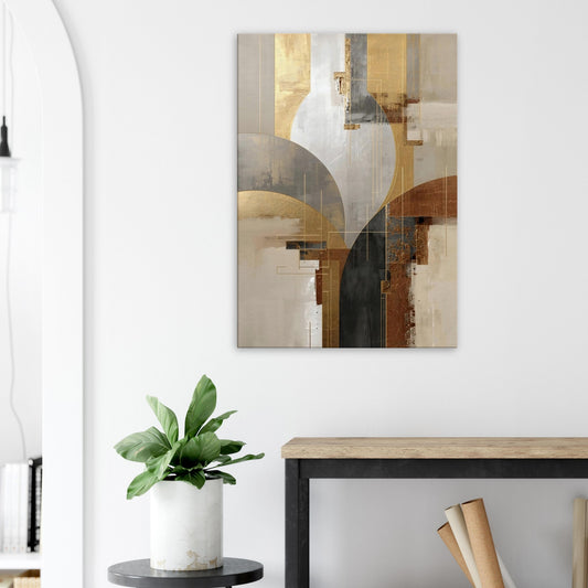 Portrait canvas with vertical silver, grey, and cream metallic layers forming modern abstract textures.