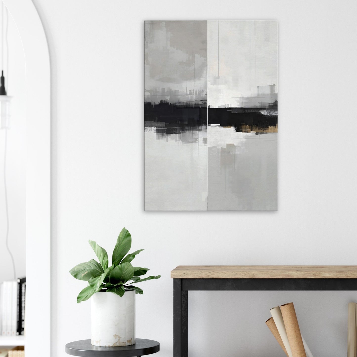 Portrait canvas with vertical abstract layers of steel, graphite, and muted white forming cityscape-inspired textures.