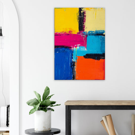 Portrait canvas with neon orange, magenta, yellow, and electric teal vertical abstract strokes forming a dynamic composition.