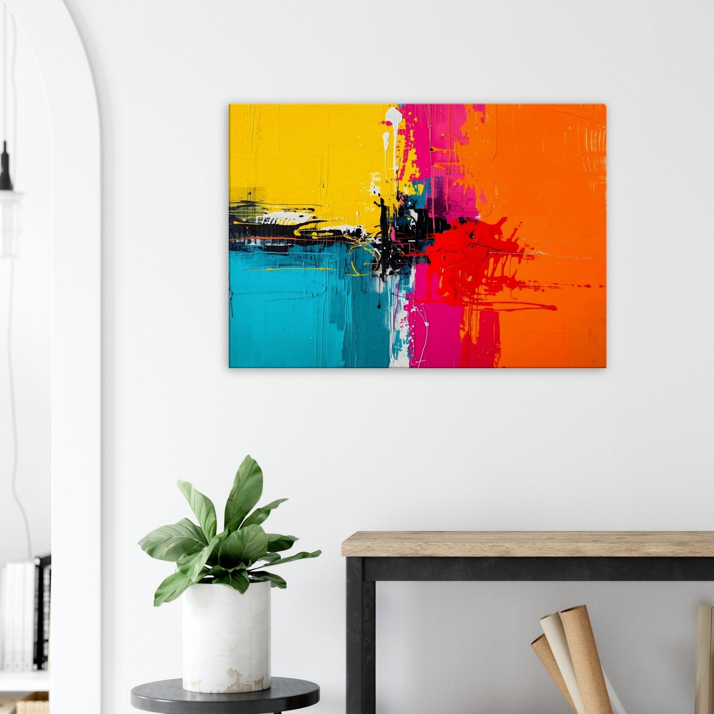 Landscape canvas with bold crimson, neon orange, yellow, and electric blue horizontal abstract strokes forming a dynamic composition.