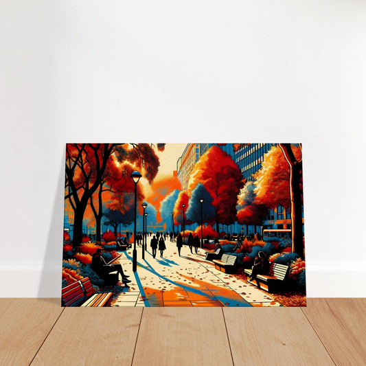 Pop art canvas of vibrant autumn city park with stylised trees and people