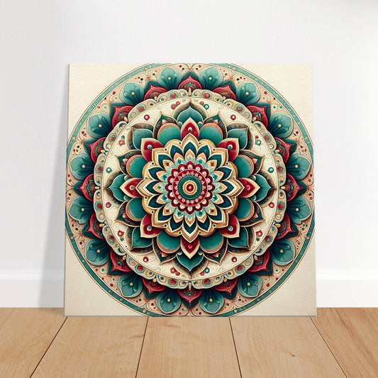 Mandala artwork featuring detailed patterns on a neutral background with vivid accents of red, turquoise, and yellow.