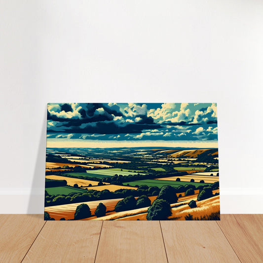 Pop art countryside with bold-colored fields, rolling hills, and a dramatic cloud-filled sky in stylized graphic detail.