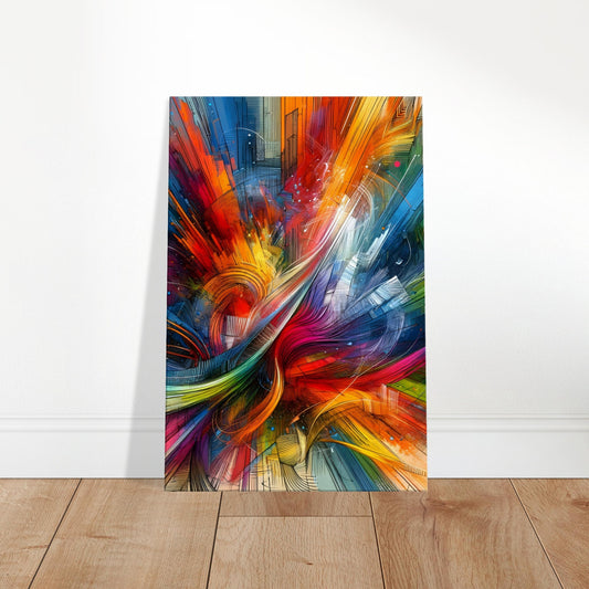 Abstract canvas with colourful, energetic brushstrokes and lines creating a vivid sense of movement and vitality.