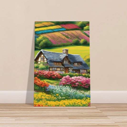 Country house with timber frames surrounded by vibrant flowers and garden, under golden hour light with fields in the distance.