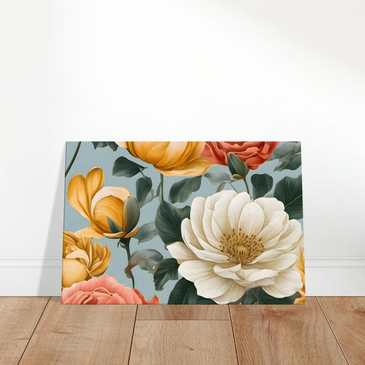 Painting of colorful roses and blossoms in warm tones set against a soft, neutral background.