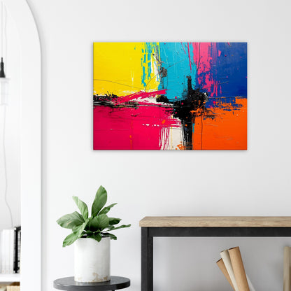 Landscape canvas with electric blue, neon orange, pink, and magenta horizontal abstract layers forming a dynamic composition.