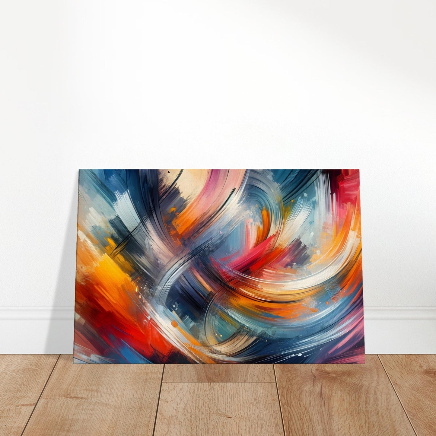 Abstract canvas with bold, swirling brushstrokes in vivid, contrasting colours suggesting motion and energy.