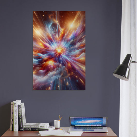 Metal poster of a vibrant supernova explosion with radiant red, blue, and gold hues and detailed shockwave textures.