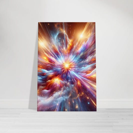 A radiant star explodes in a colorful supernova with textured shockwaves in red, blue, and gold against the backdrop of deep space.