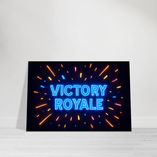 Neon gamer wall art with glowing confetti and holographic “Victory Royale” design.
