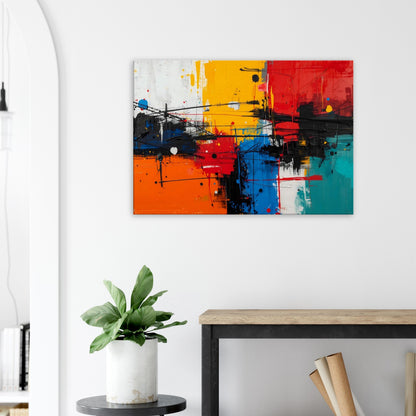 Landscape canvas with bold crimson, cobalt blue, and golden yellow abstract strokes forming a dynamic composition.