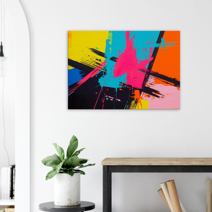 Landscape canvas with crimson, electric blue, and neon pink horizontal abstract strokes forming a dynamic composition.