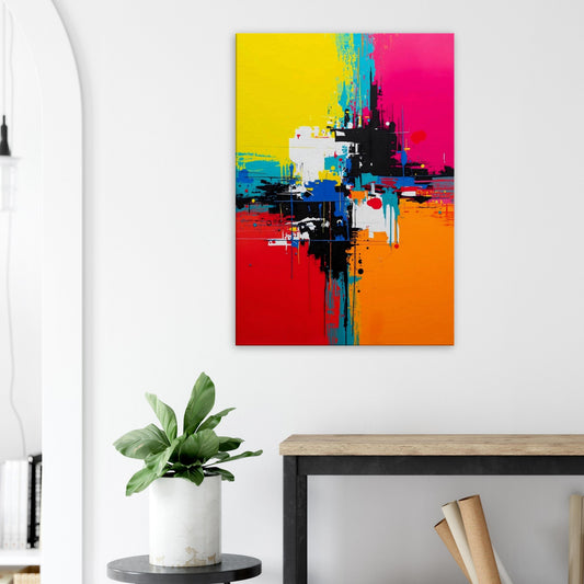 Portrait canvas with neon yellow, electric blue, and hot pink horizontal abstract strokes forming a dynamic composition.
