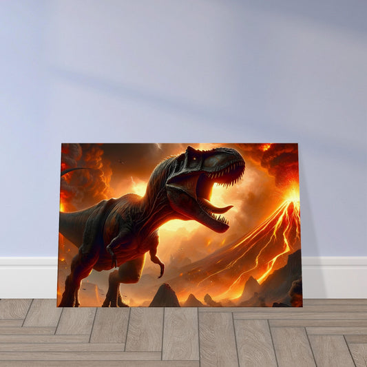 Wall art of a Giganotosaurus walking through an erupting volcanic landscape, surrounded by fire, smoke, and molten rock.