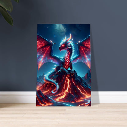 Artwork of a red-and-blue glowing dragon with red eyes perched on a volcanic mountain with lava and a starry sky.
