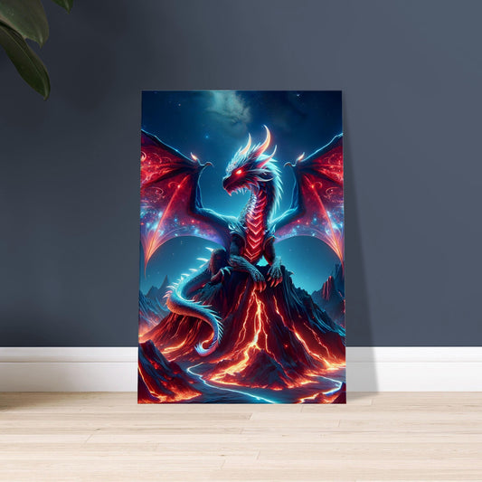 Artwork of a red-and-blue glowing dragon with red eyes perched on a volcanic mountain with lava and a starry sky.