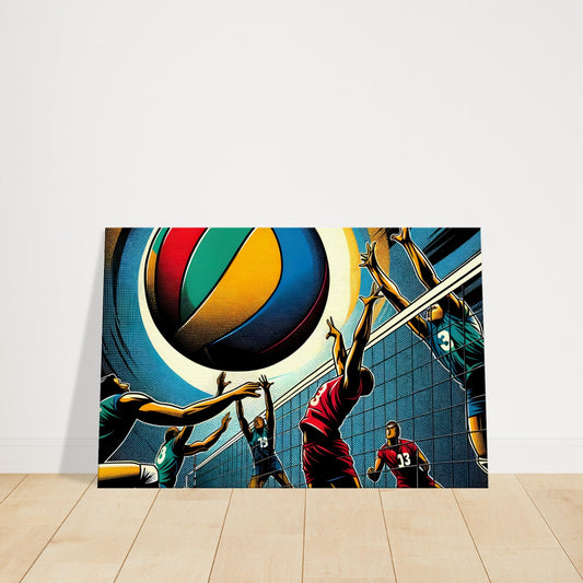 Canvas wall art showing volleyball players jumping in action with a large ball and colorful geometric background.